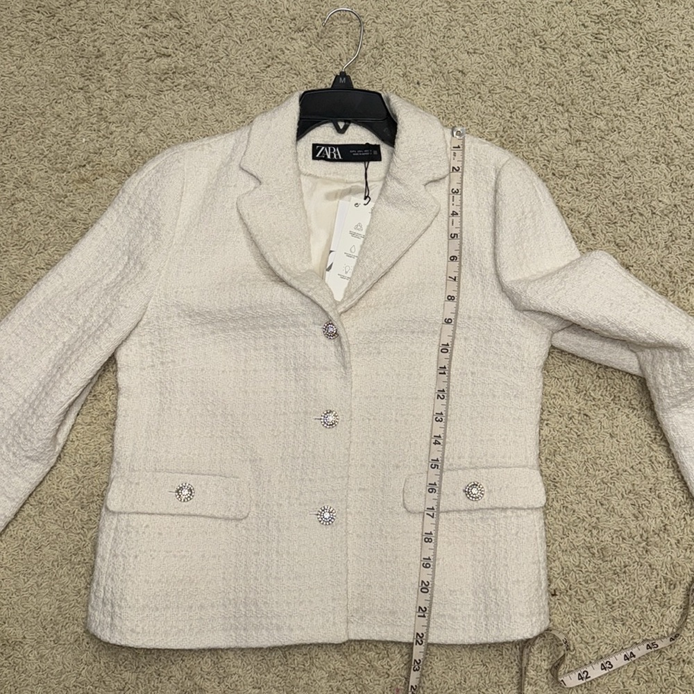 NWT Zara Cream Wool Blend Tweed Texture Blazer Boucle Rhinestone Buttons Sz L - Picture 10 of 15